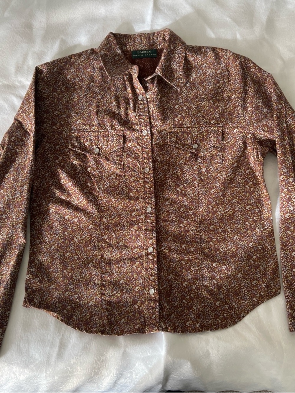 Ralph Lauren Brown Floral Snap-Front Blouse